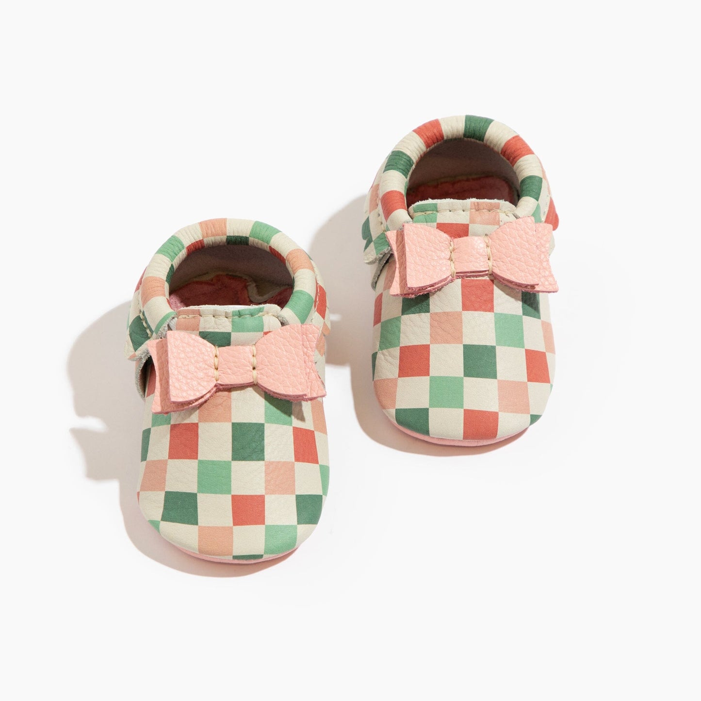 Peppermint Check Bow Baby Shoe Bow Mocc Soft Sole