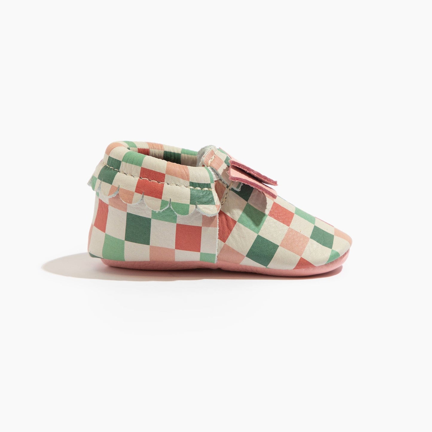 Peppermint Check Bow Baby Shoe Bow Mocc Soft Sole