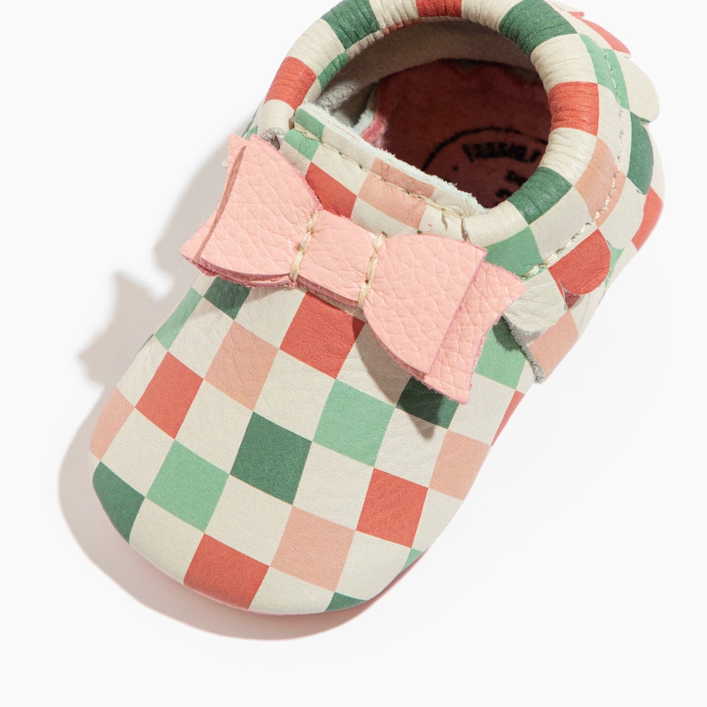 Peppermint Check Bow Baby Shoe Bow Mocc Soft Sole