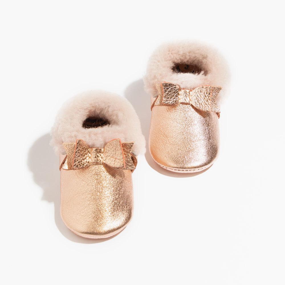 Rose Gold with Pink Shearling Bow Mocc Shearling Bow Mocc Soft Soles