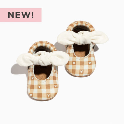 Disney Gingham Mickey Mouse Knotted Bow Baby Shoe Knotted Bow Mocc Soft Sole 