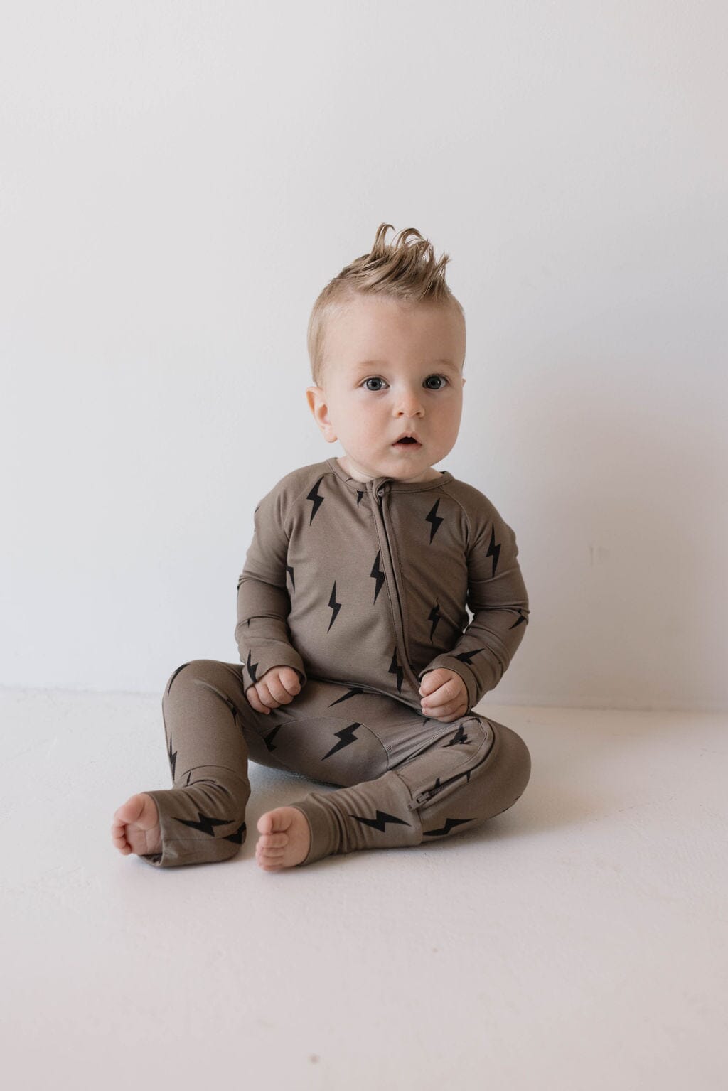 Bamboo Zip Pajamas | Brown & Black Lightning Bolt pajamas forever french baby Newborn 