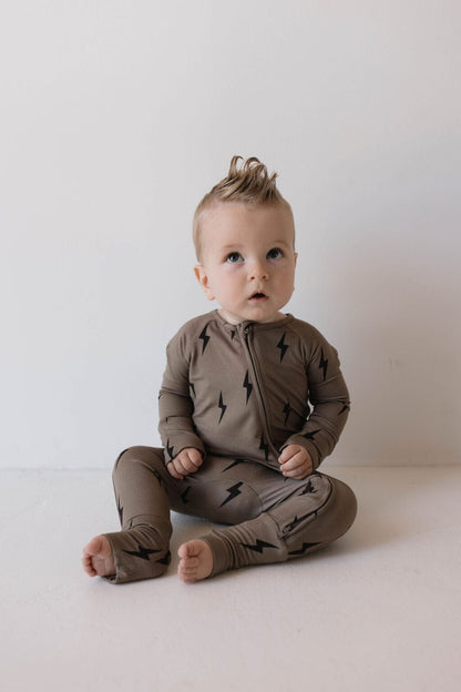 Bamboo Zip Pajamas | Brown & Black Lightning Bolt pajamas forever french baby 