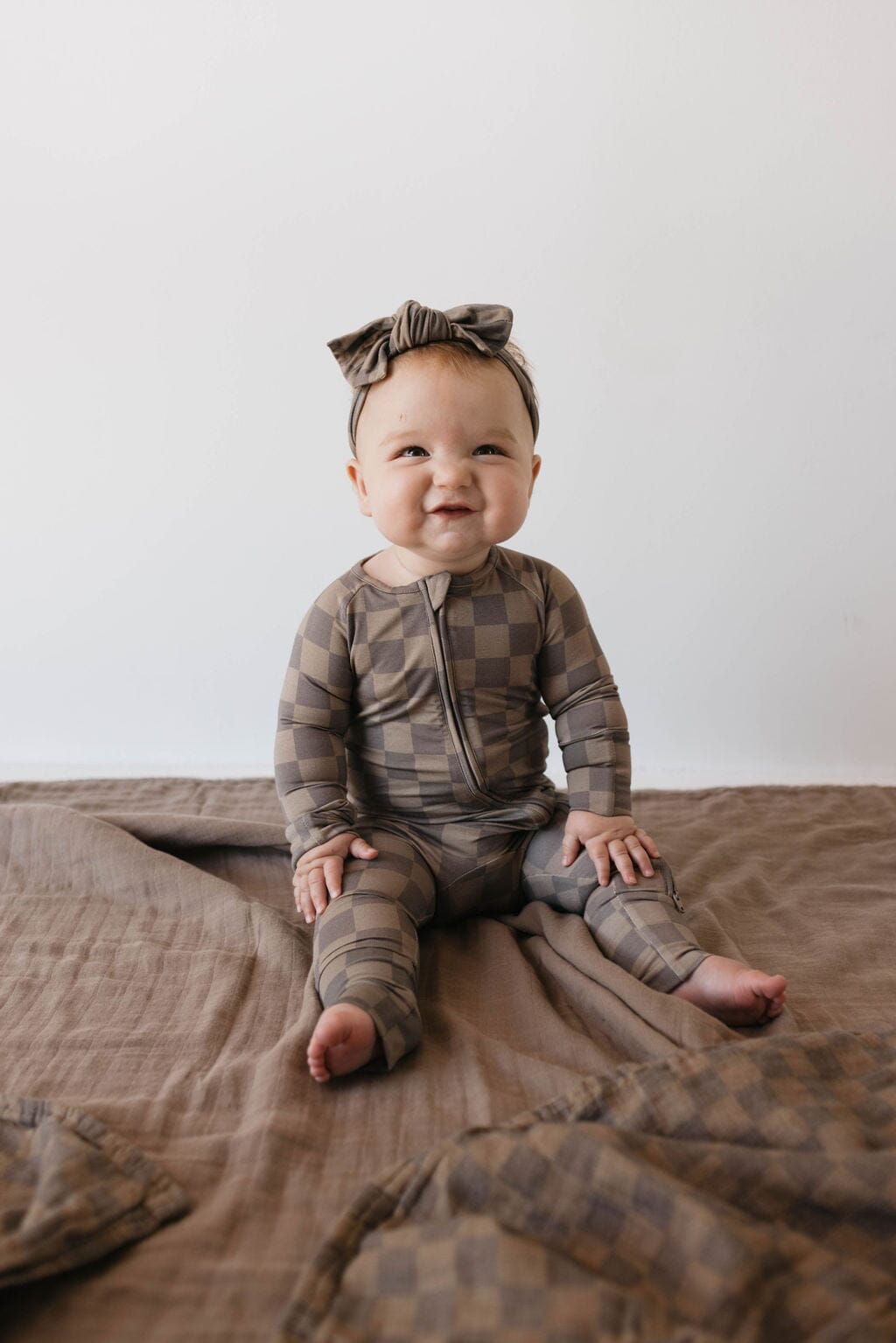 Bamboo Zip Pajamas | Faded Brown Checkerboard forever french baby 