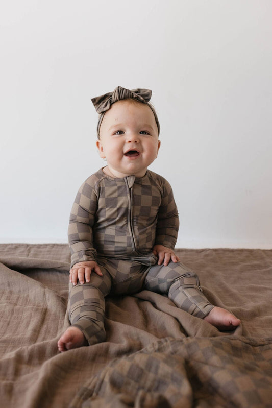 Bamboo Zip Pajamas | Faded Brown Checkerboard forever french baby 