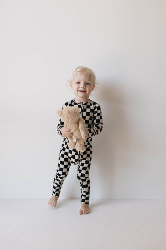 Bamboo Zip Pajamas | Black Checkerboard pajamas forever french baby 