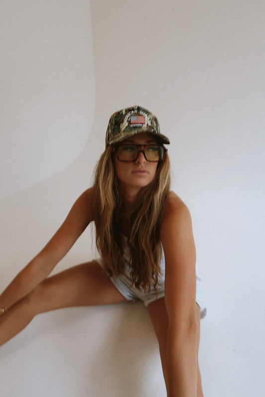 American Mother Trucker hat embroidered on camo Mommday 
