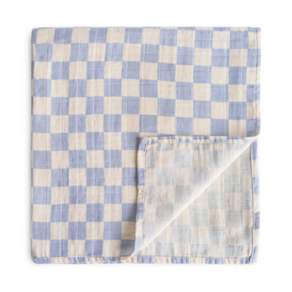Organic Cotton Muslin Swaddle Blanket Swaddle Mushie Blue Check 