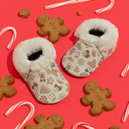 (Coming Soon) Disney Mickey and Minnie Gingerbread Shearling Baby Shoe Shearling Mocc Soft Sole 