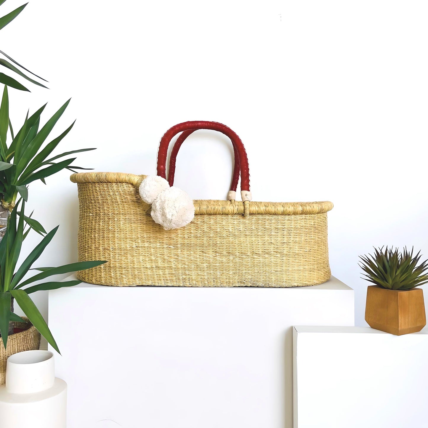 Natural   African Moses Basket   Cognac + Cream Handle