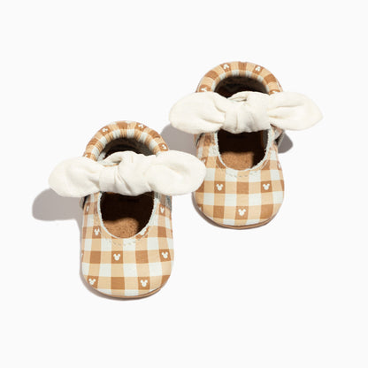 Disney Gingham Mickey Mouse Knotted Bow Baby Shoe Knotted Bow Mocc Soft Sole 