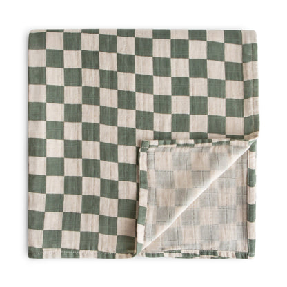 Organic Cotton Muslin Swaddle Blanket Swaddle Mushie Olive Check 