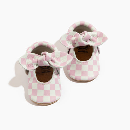 Petal Pink Check Knotted Bow Baby Shoe Knotted Bow Mocc Soft Sole 