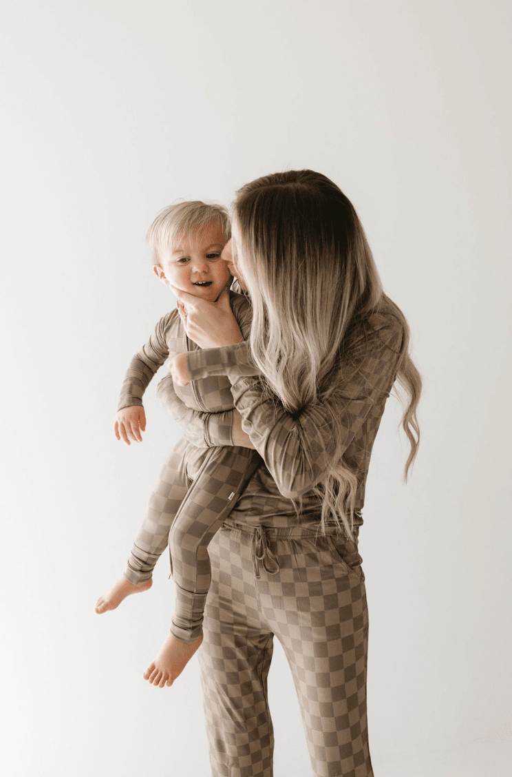 Bamboo Zip Pajamas | Faded Brown Checkerboard forever french baby 