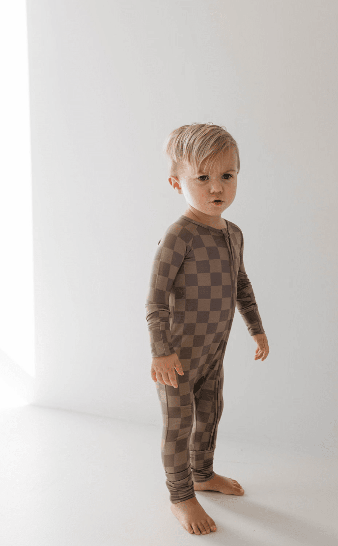 Bamboo Zip Pajamas | Faded Brown Checkerboard forever french baby 