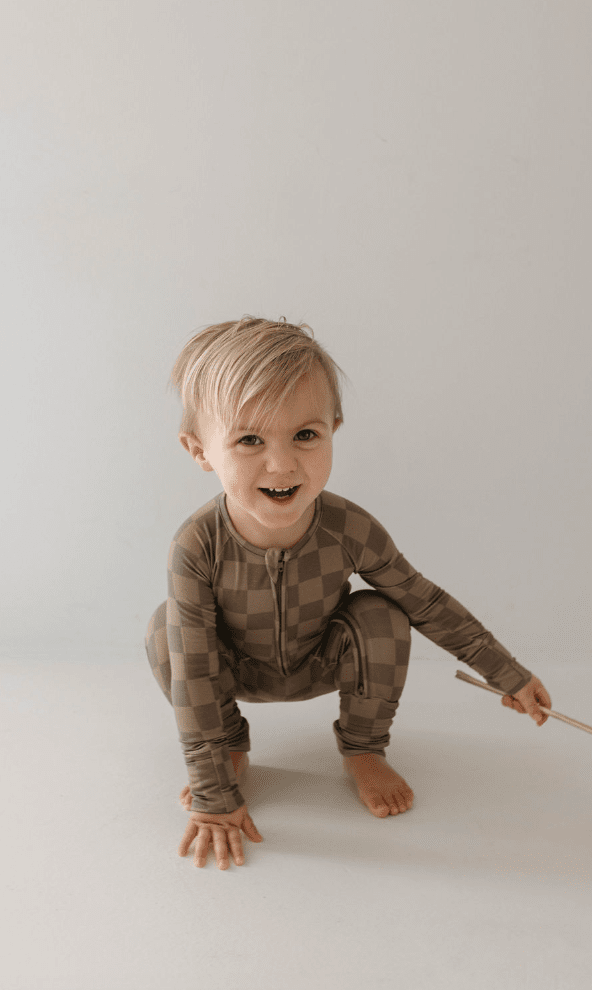 Bamboo Zip Pajamas | Faded Brown Checkerboard forever french baby 