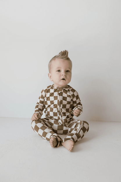 Bamboo Zip Pajamas | Olive Checkerboard forever french baby Newborn 