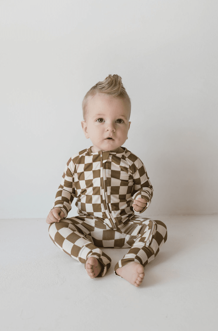 Bamboo Zip Pajamas | Olive Checkerboard forever french baby 