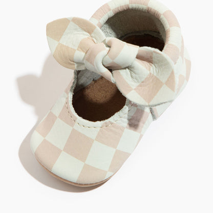Trendy Tan Check Knotted Bow Baby Shoe Knotted Bow Mocc Soft Sole 