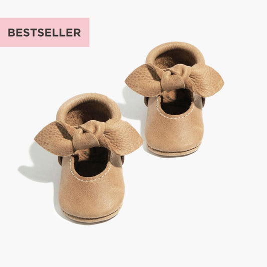 Weathered Brown Knotted Bow Baby Shoe