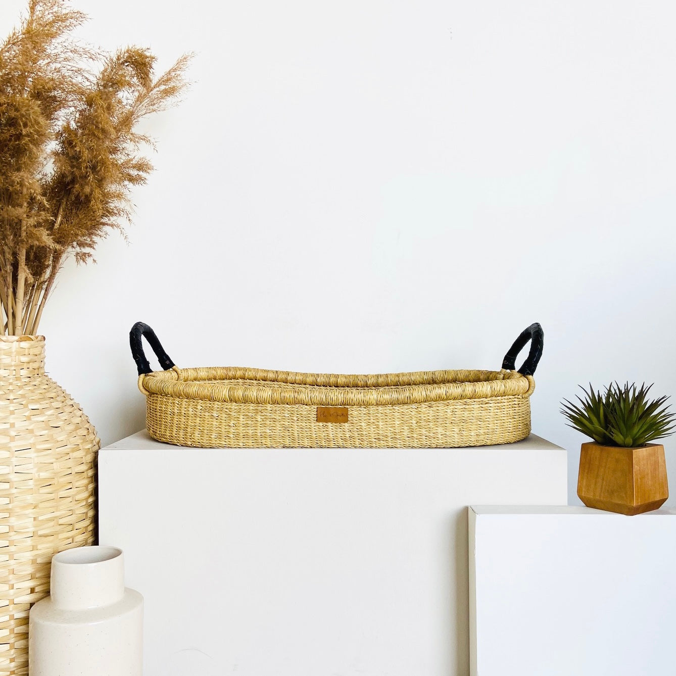 Natural Changing Basket Black Handle