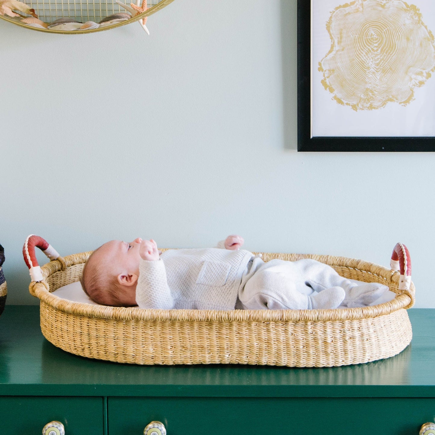 Natural Changing Basket Cognac + Cream Handle