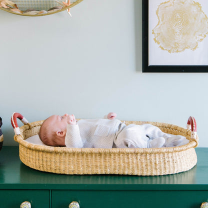 Natural Changing Basket Cognac + Cream Handle