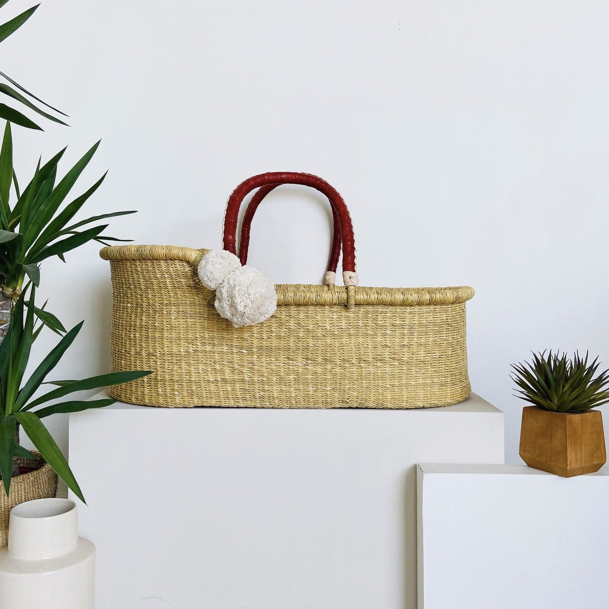 Natural   African Moses Basket   Cognac + Cream Handle