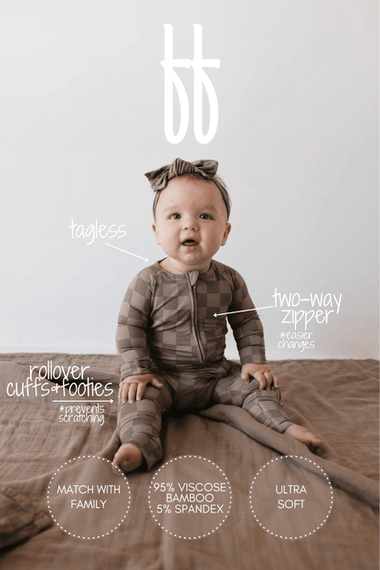 Bamboo Zip Pajamas | Faded Brown Checkerboard forever french baby 