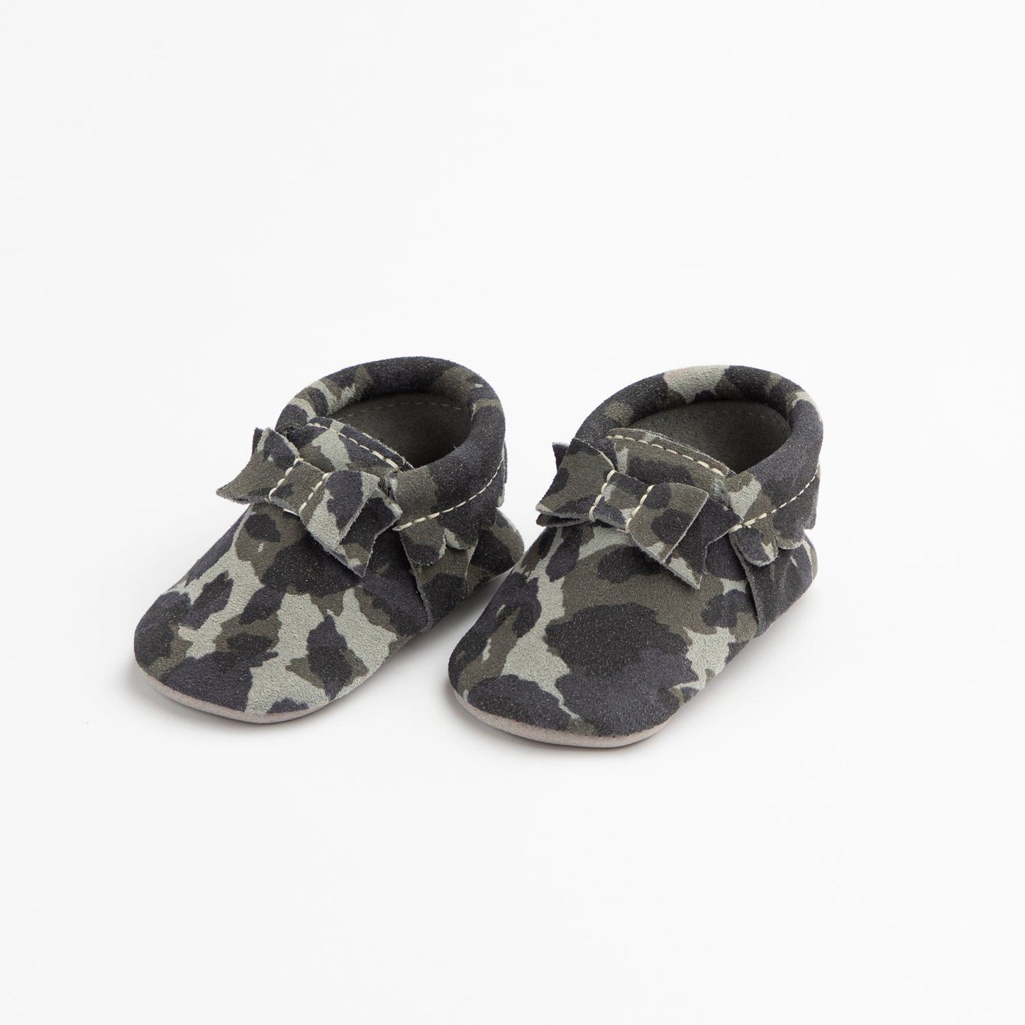 Blue Suede Camo Bow Mocc Bow Moccasins Soft Soles 