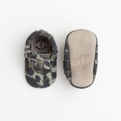 Blue Suede Camo Bow Mocc Bow Moccasins Soft Soles 