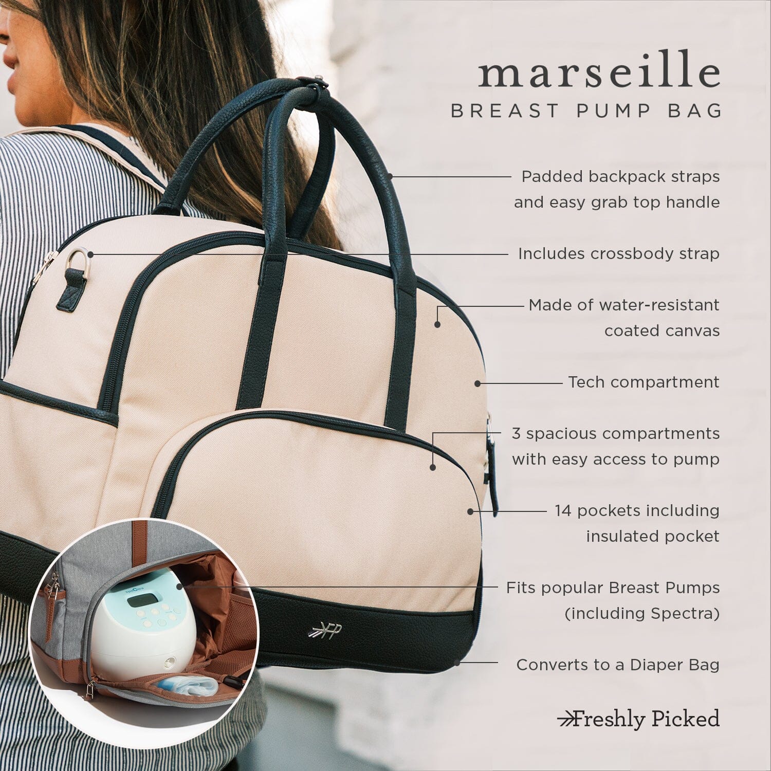 Latte Marseille Breast Pump Diaper Bag  Travel Breast Pump Bag – Freshly  Picked