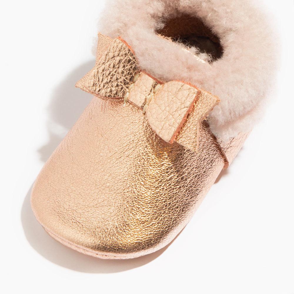 Rose Gold with Pink Shearling Bow Mocc Shearling Bow Mocc Soft Soles 